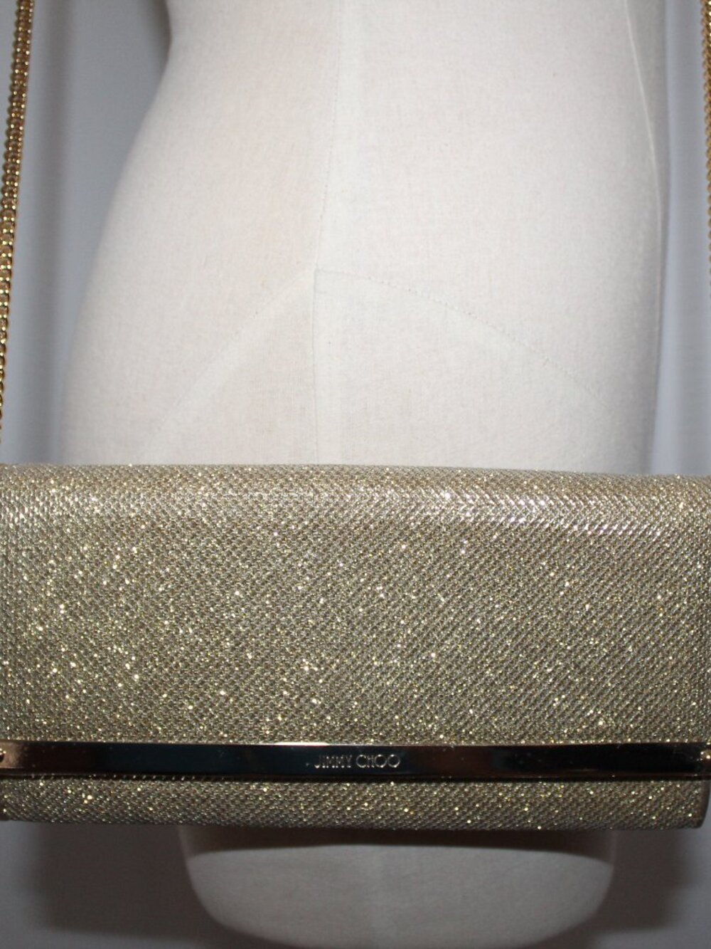 Jimmy Choo Mila Clutch Shoulder Bag Glitter Lame Leather Gold Wallet on a Chain